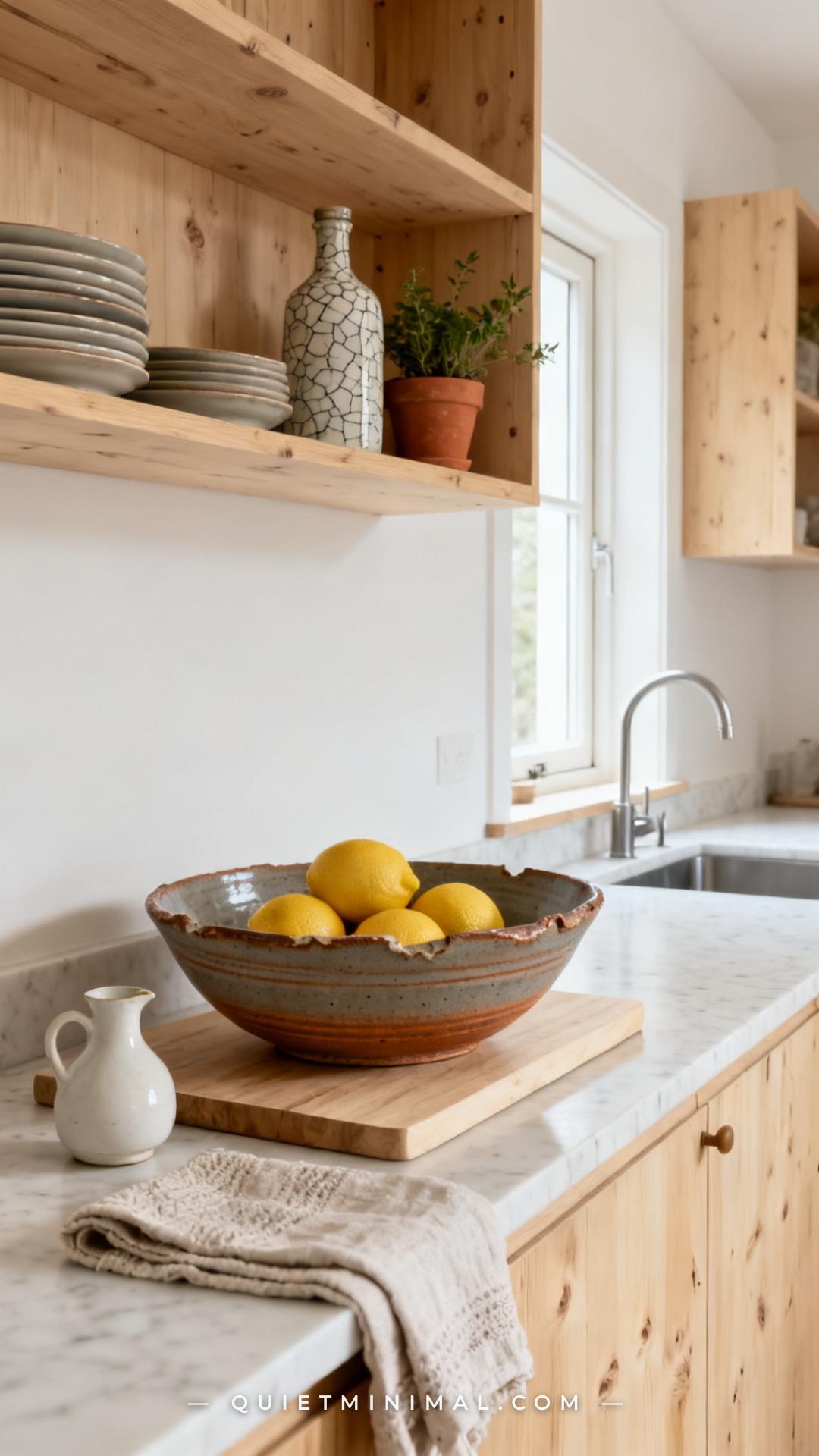 A vertical photograph captures a full kitchen counter scene in a warm Scandinavian-influenced home