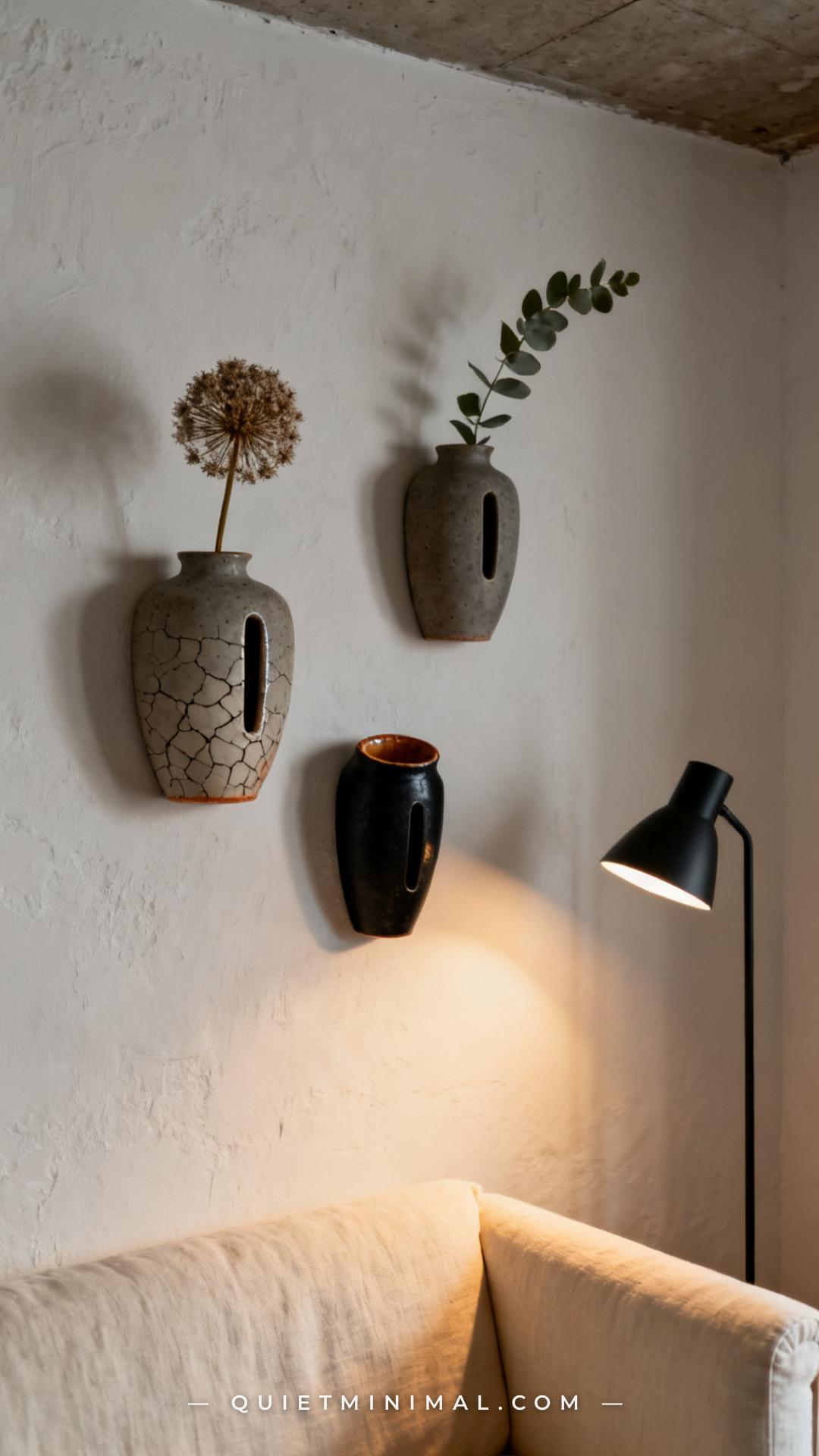 A vertical photograph captures a full section of a living room or hallway wall styled with ceramic wall vessels as art o