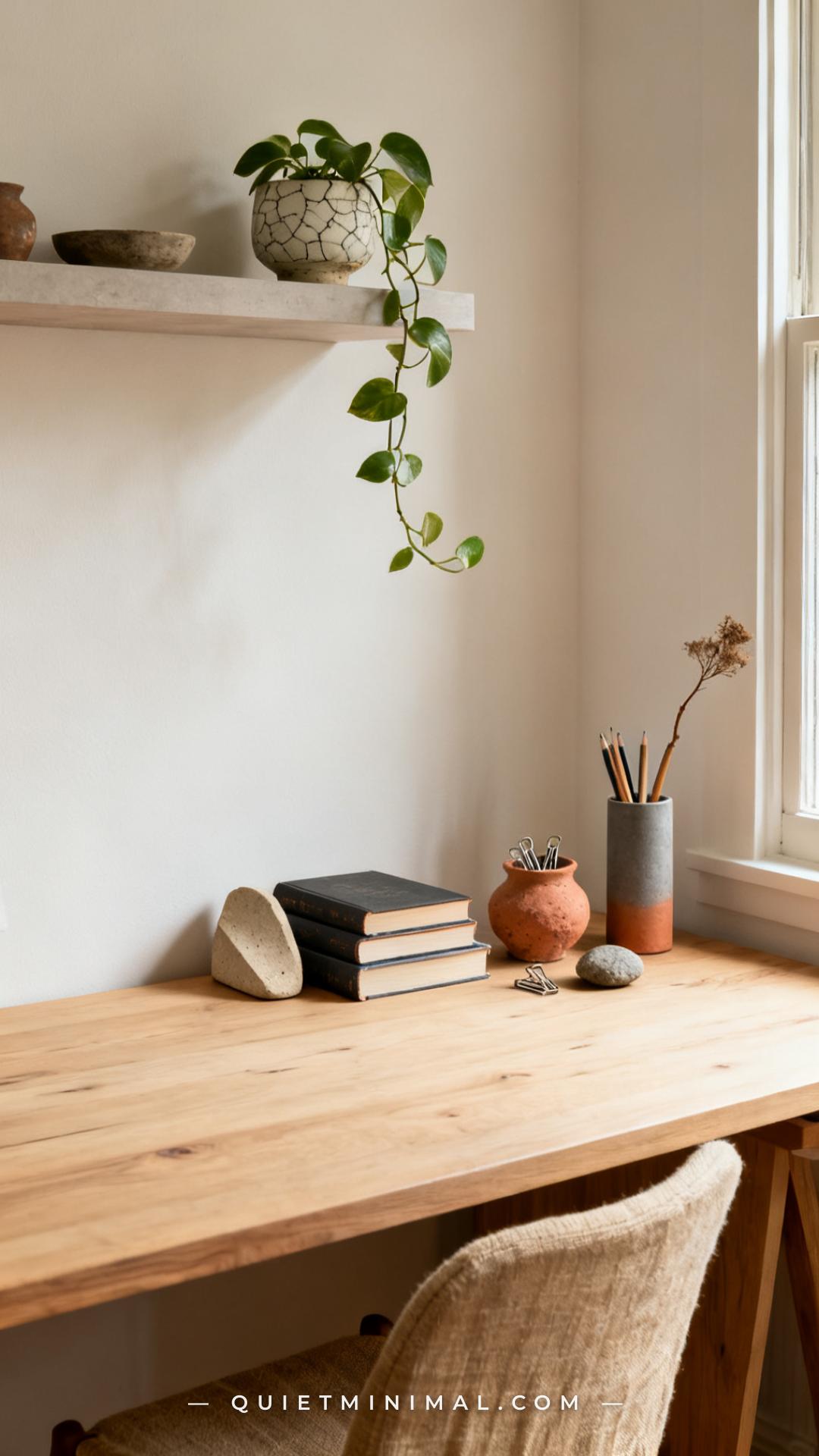 A vertical photograph captures the full view of a home office desk area styled with organic wabi-sabi elements