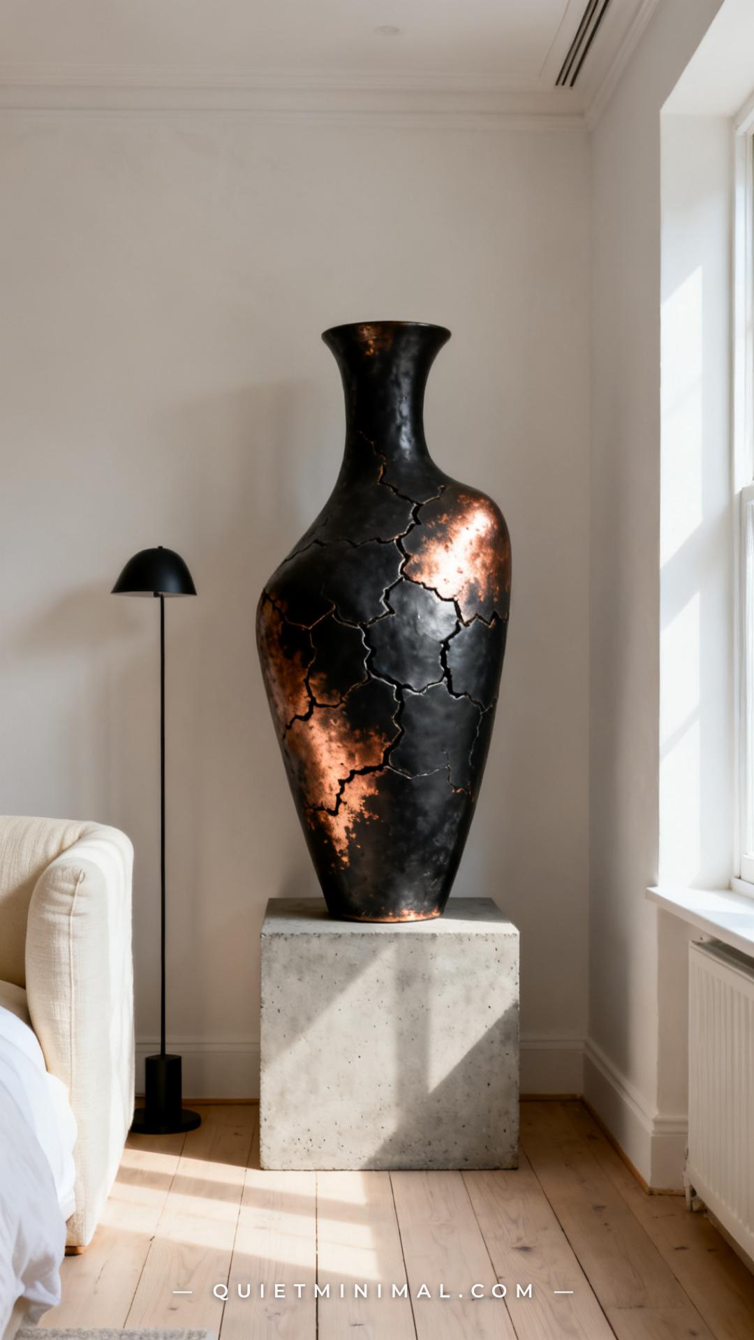 A vertical photograph captures the full scene of a living room or bedroom corner where a single large raku-fired ceramic