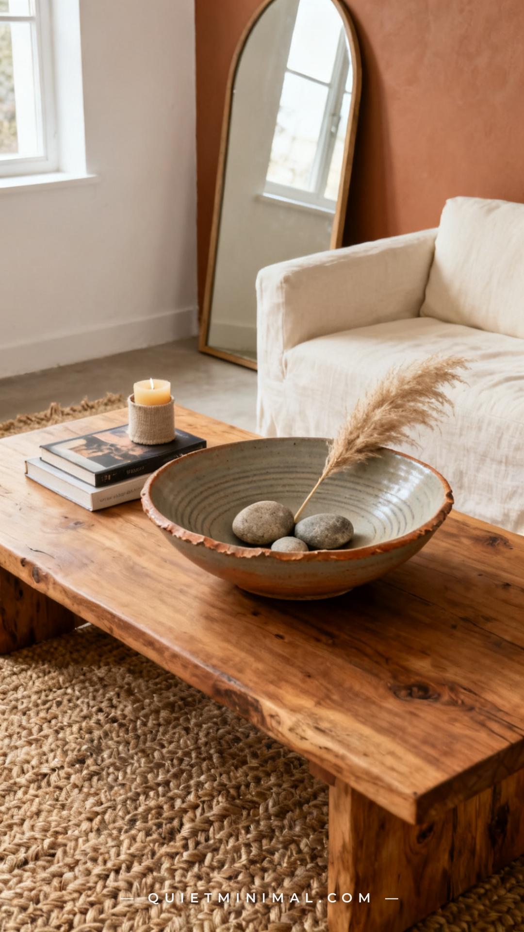 A vertical photograph captures a full living room coffee table vignette from a standing perspective