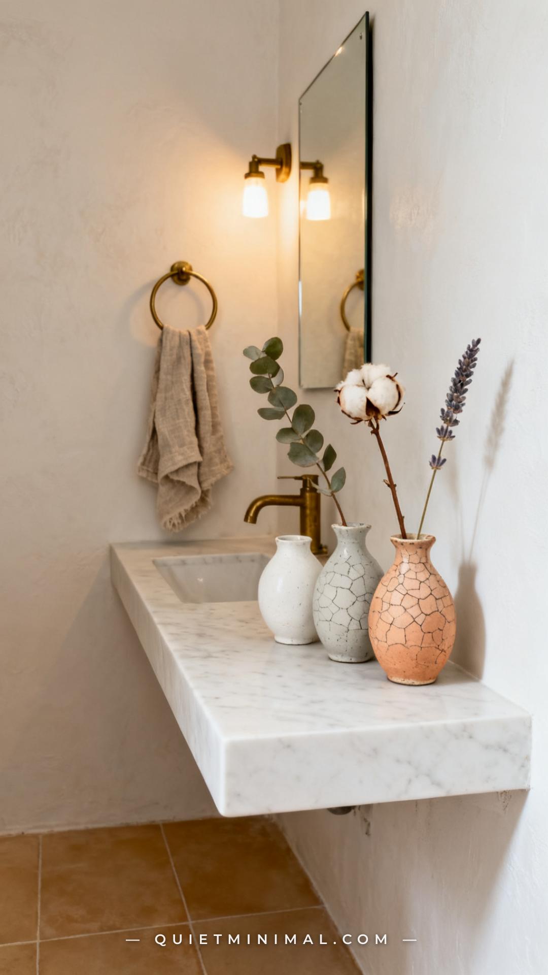 A vertical photograph captures the full view of a small bathroom vanity area styled with organic