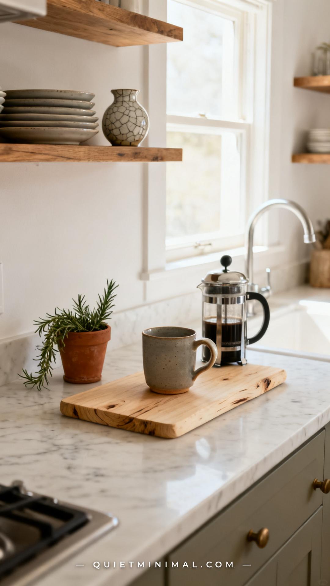A vertical photograph captures a full kitchen counter vignette in a Scandinavian-influenced home with warm organic accen