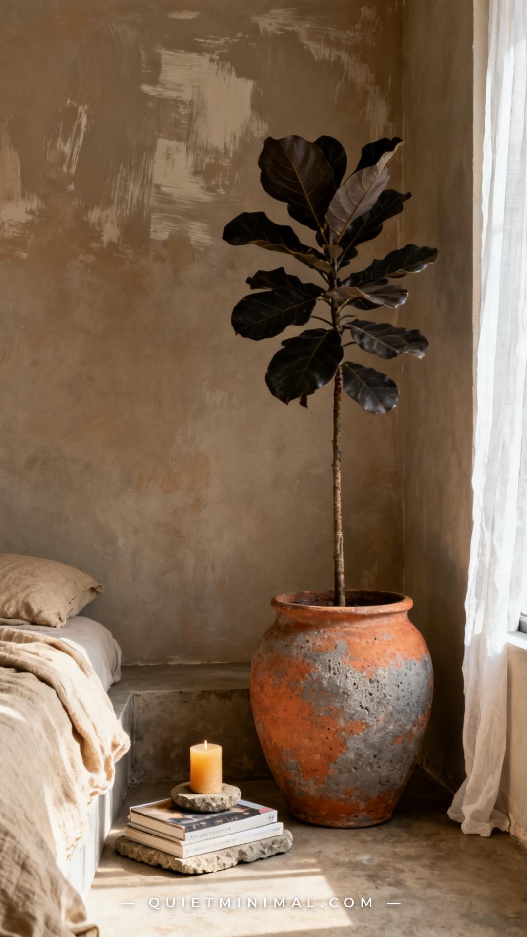 A vertical photograph captures the full scene of a bedroom corner styled with organic wabi-sabi elements