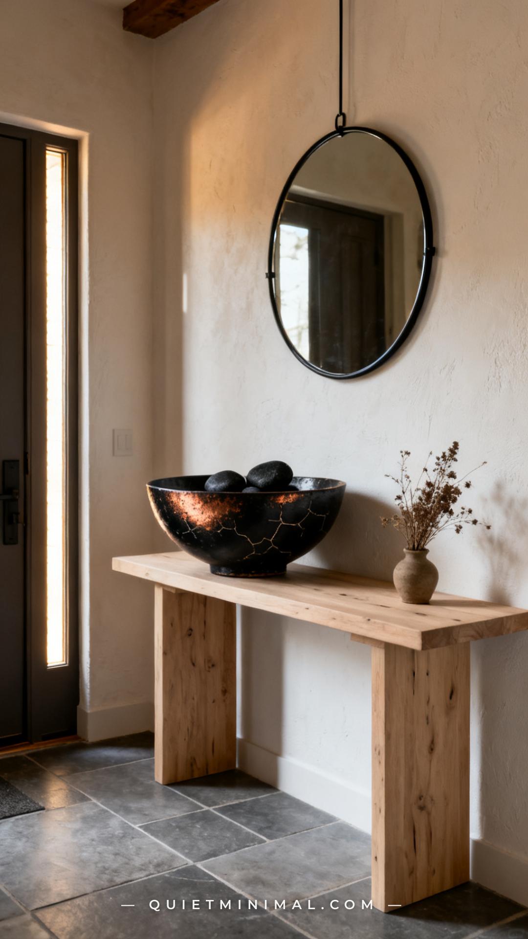 A vertical photograph captures the full view of a home foyer entry styled in a warm organic aesthetic