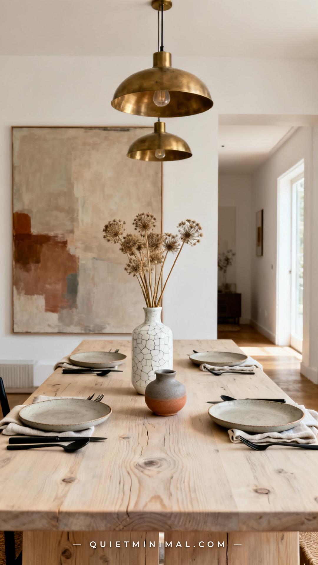 A vertical photograph captures a full dining table scene in a softly lit open-plan home