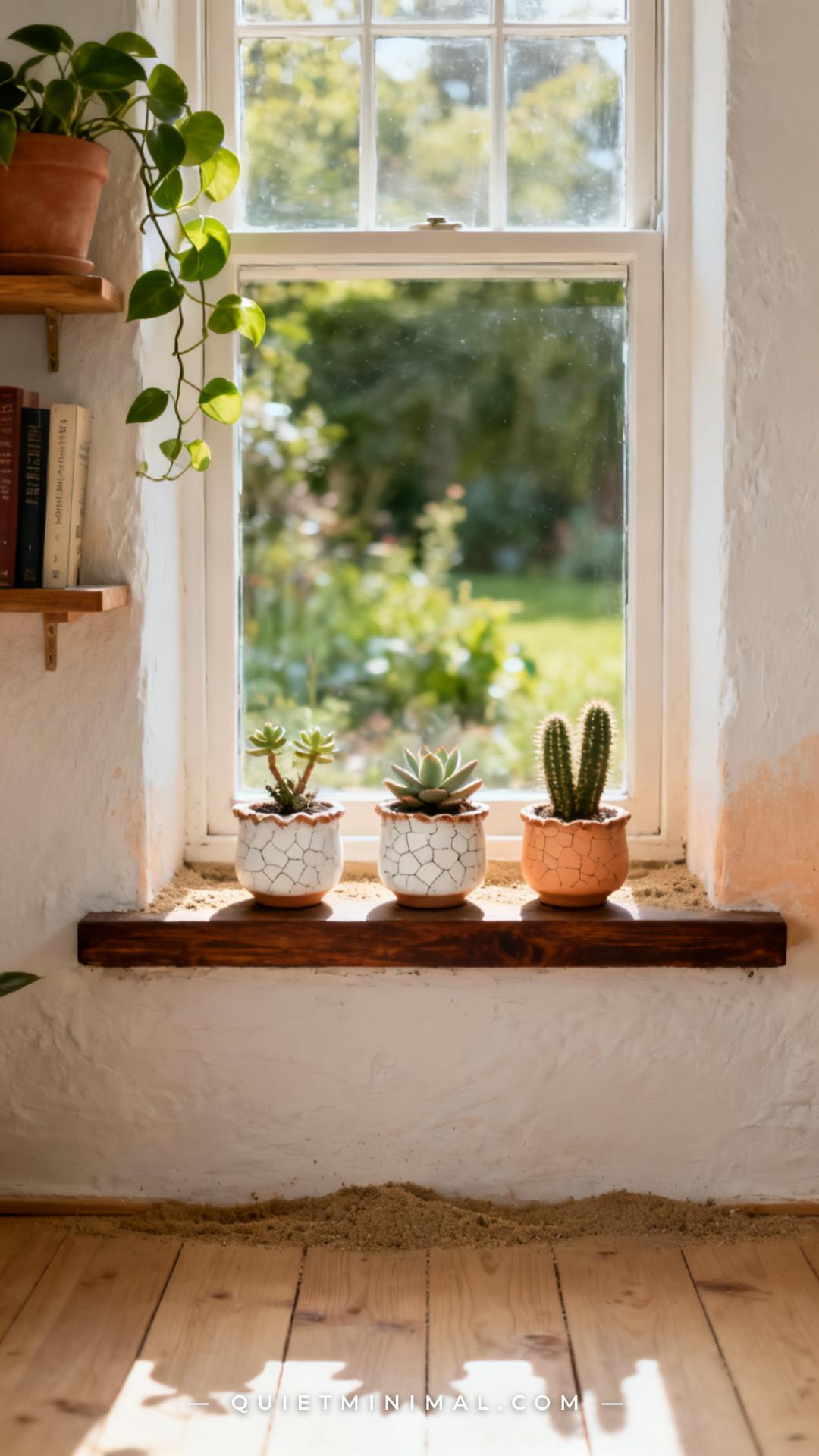 A vertical photograph captures a full kitchen or living room windowsill scene in warm natural morning light