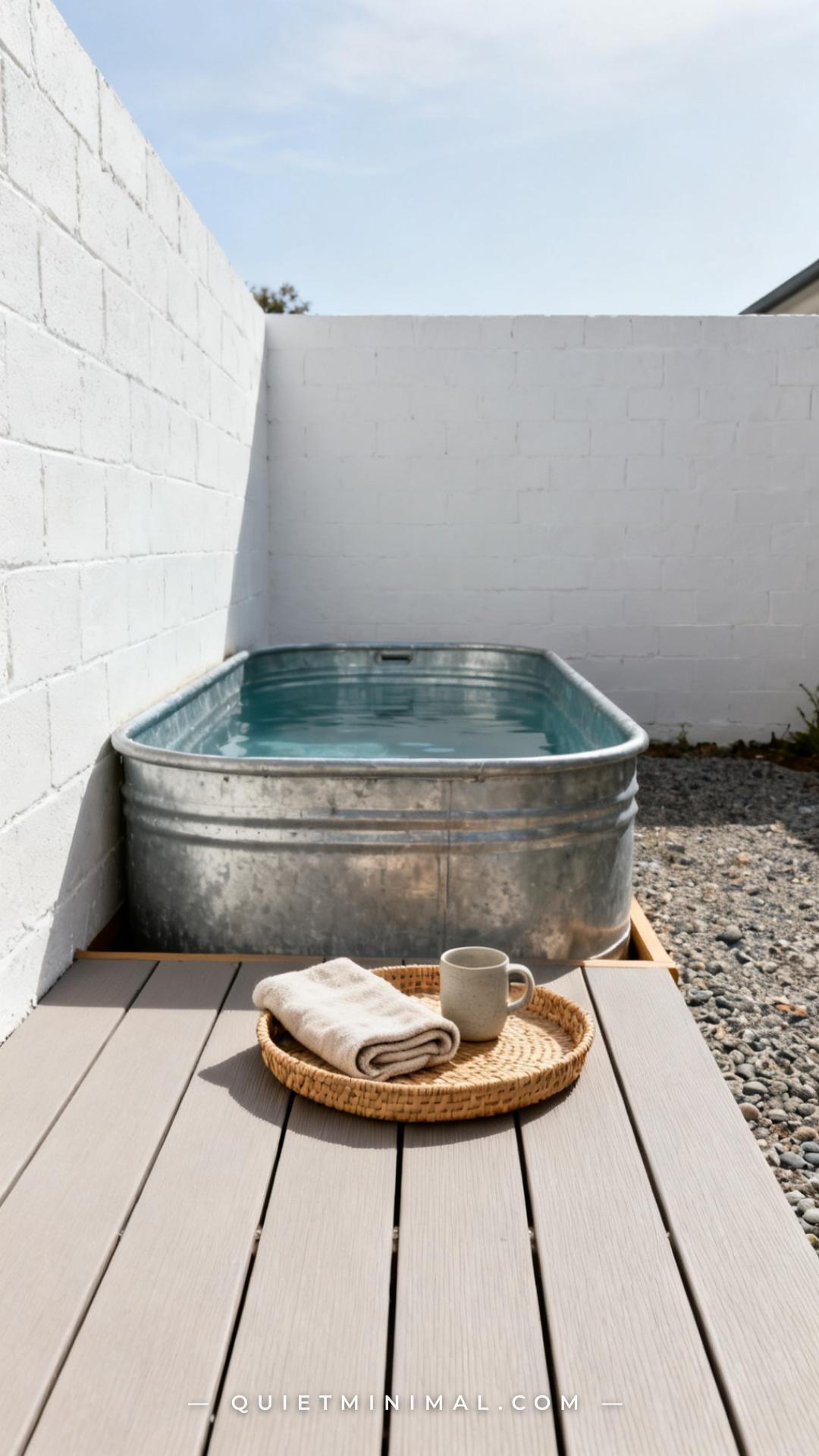 A wide-angle view of a rectangular stock tank pool set into a simple timber-framed deck structure along the long side of