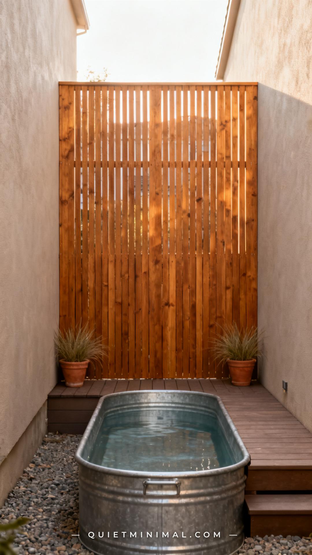 An establishing shot of a narrow backyard corridor showing the short end of a long rectangular galvanized stock tank poo