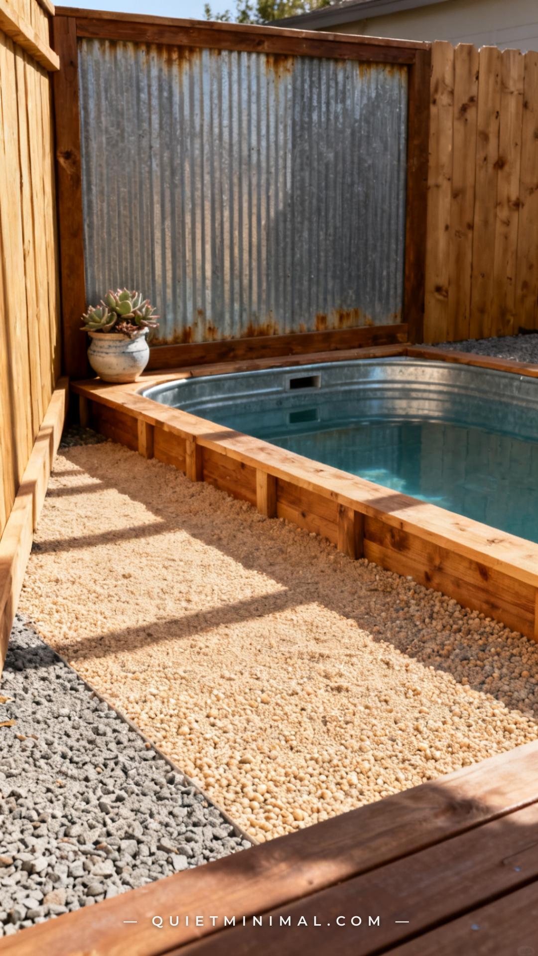A medium-wide photograph shows the ground-level base of a rectangular galvanized stock tank pool