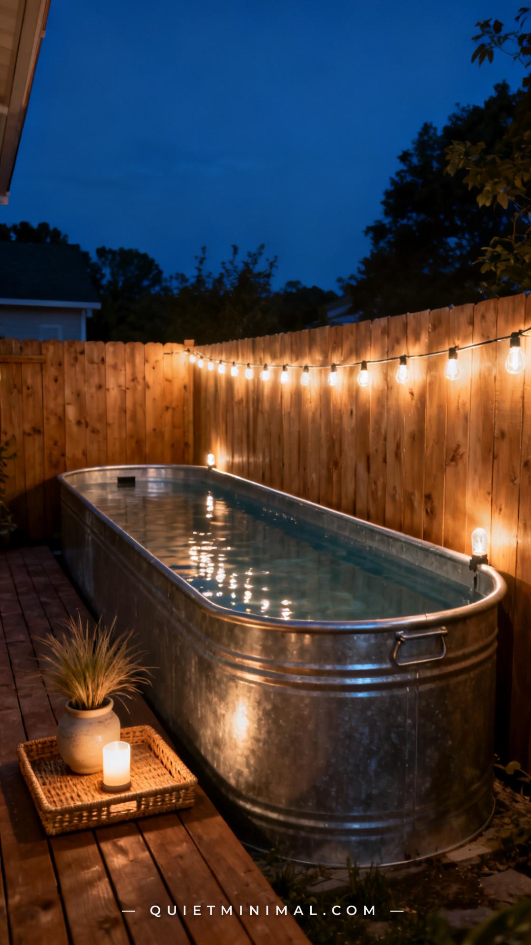 A wide establishing shot of a narrow backyard at dusk