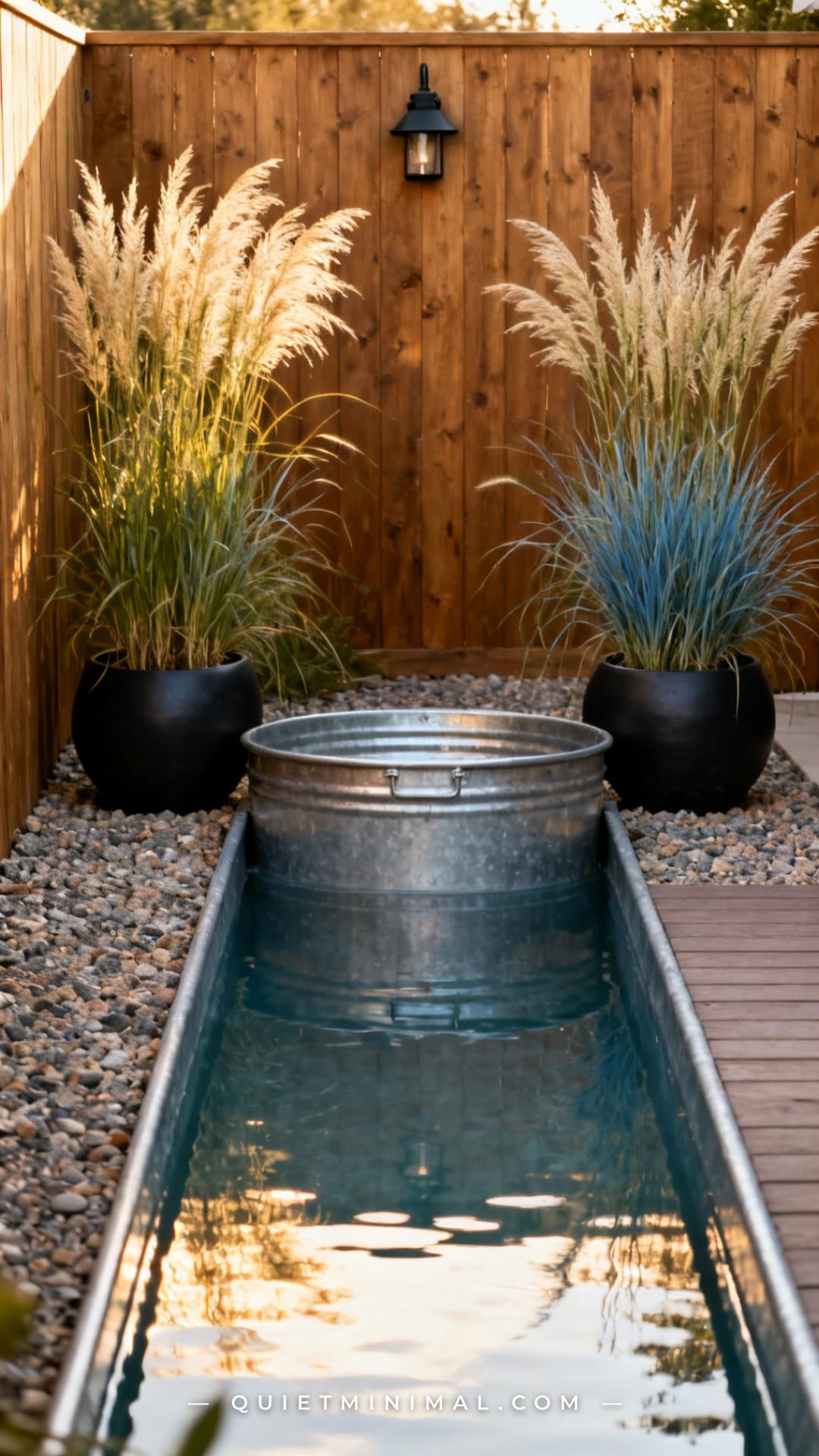 A wide shot of the short end of a rectangular galvanized stock tank pool in a narrow backyard