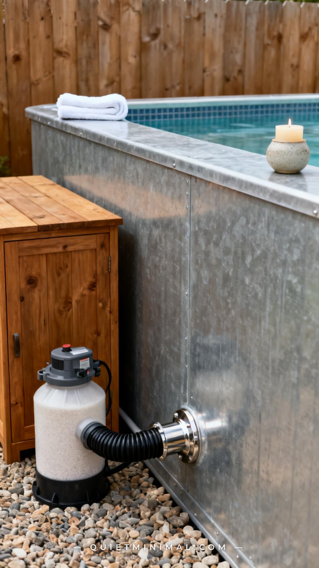 A medium-wide photograph captures the exterior long wall of a galvanized steel rectangular stock tank pool