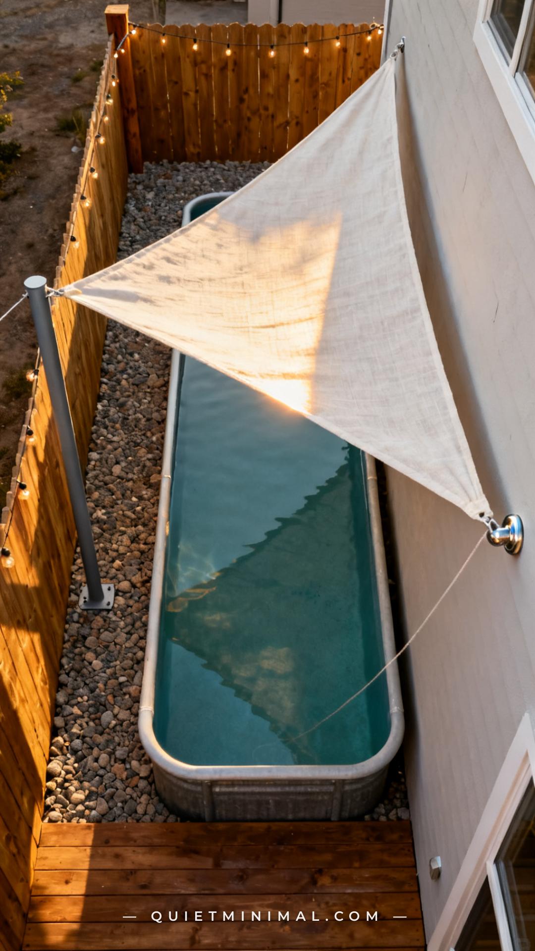 A wide-angle establishing shot of a narrow backyard with a long rectangular stock tank pool positioned along the fence l