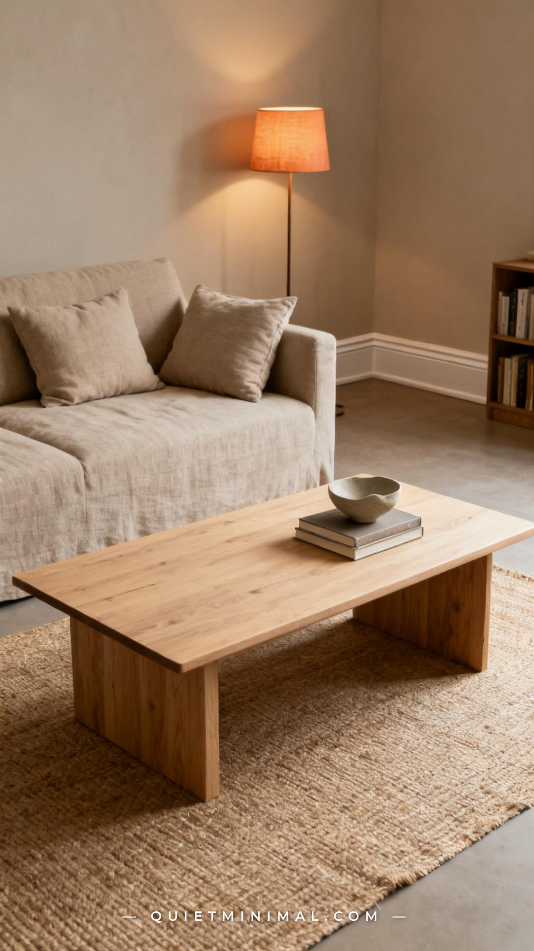 A wide-angle view of a minimalist living room showing a light oak coffee table fully cleared and wiped clean