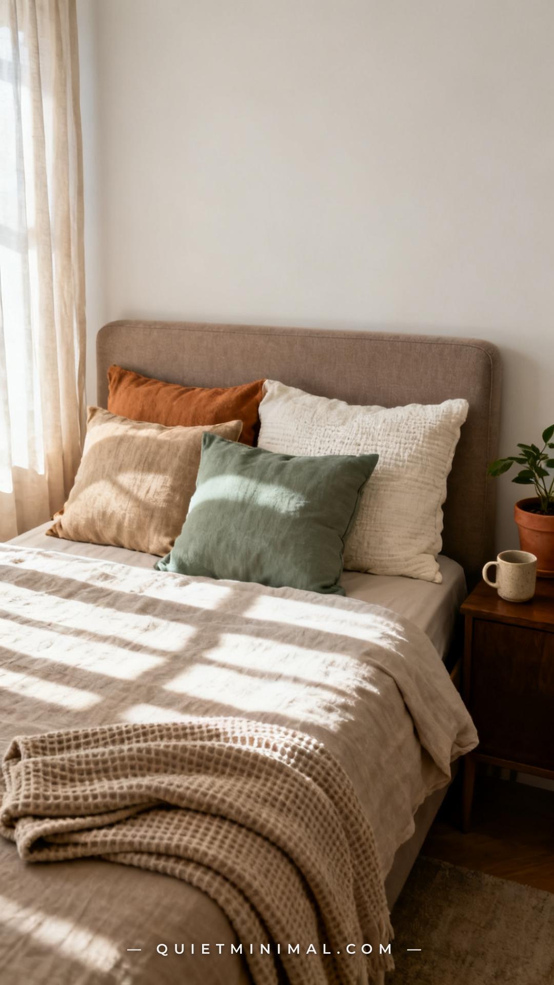 A vertical photograph captures a full bed in a softly lit bedroom