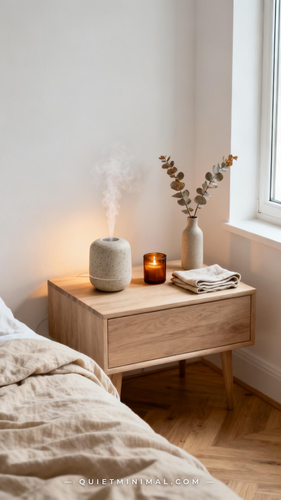 A wide establishing shot of a bedroom corner showing a pale wood nightstand against a warm-white wall
