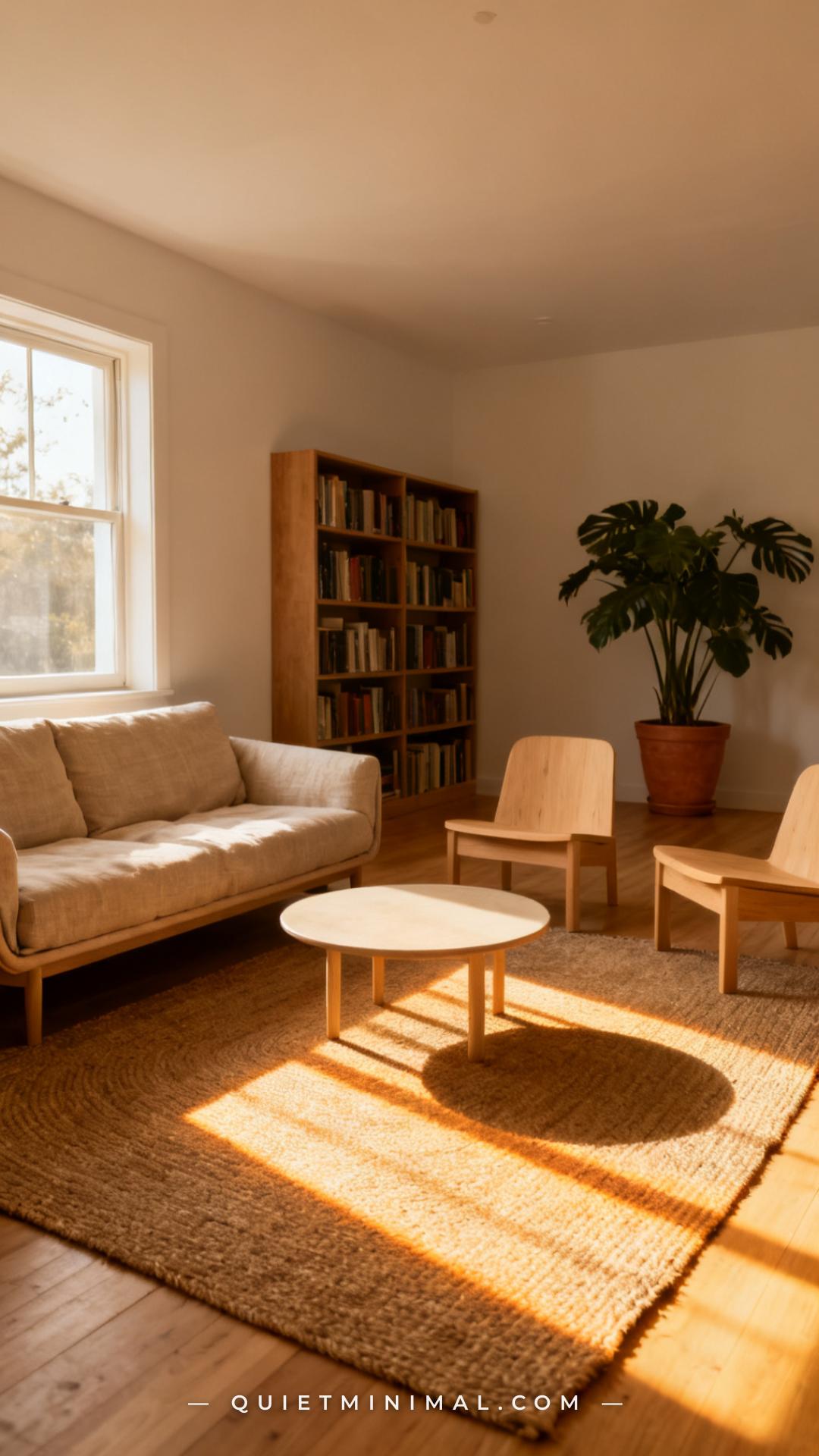 A vertical photograph captures the full interior of a living room mid-morning