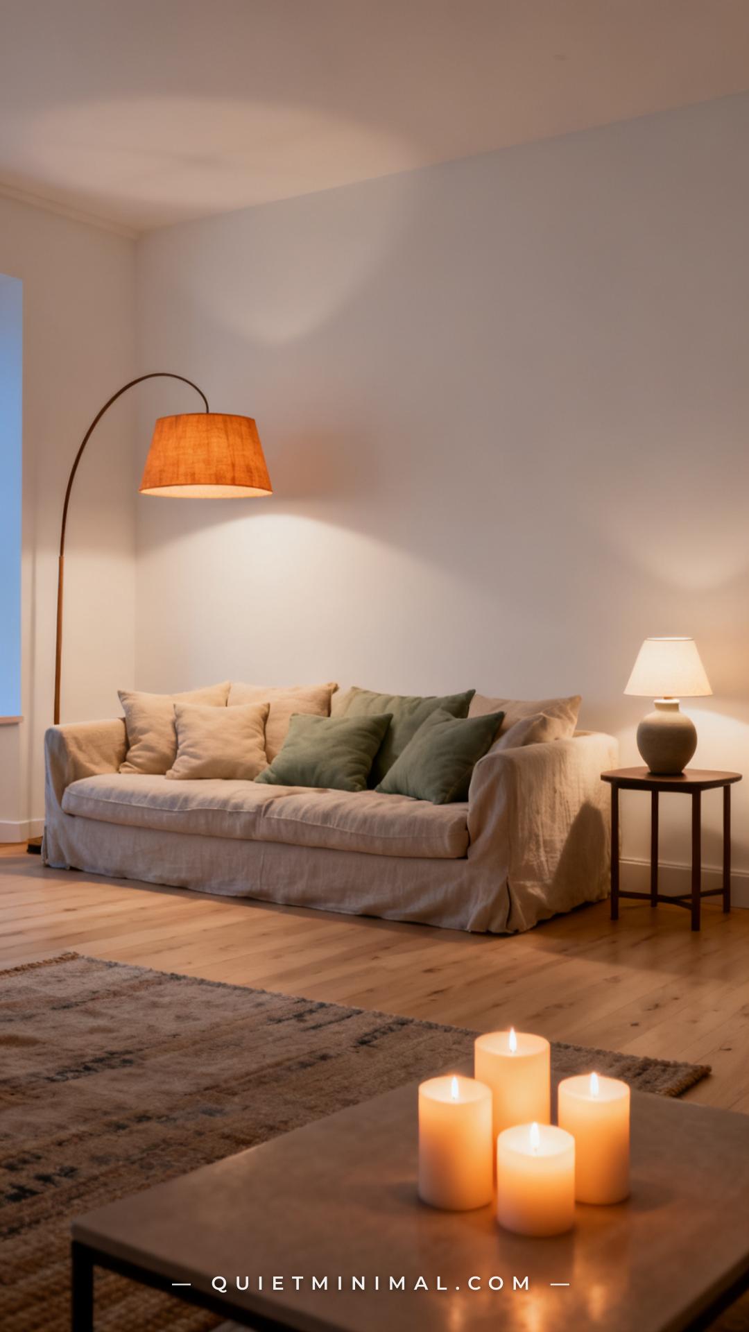 A wide-angle photograph captures a full living room corner at dusk