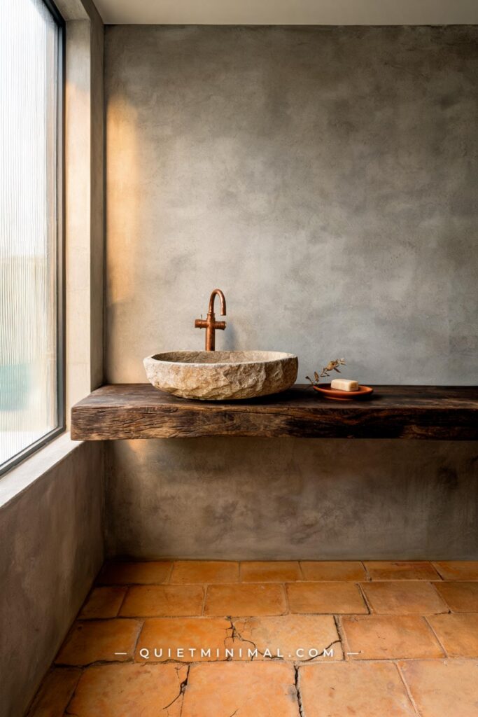 13 Rustic Bathroom Ideas With Stone Basins, Aged Copper Fixtures & Raw Concrete That Actually Work