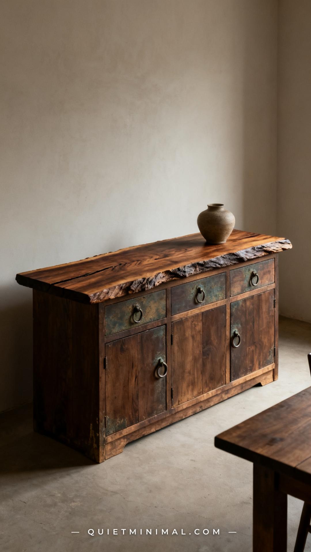 A vertical photograph captures the full length of a wabi-sabi minimalist walnut slab buffet sideboard in a spare
