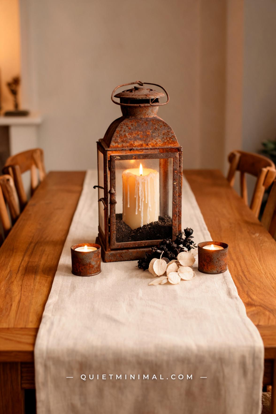 A vertical photograph of a narrow hallway wall showing two wall-mounted iron sconce lanterns spaced 18 inches apart at e