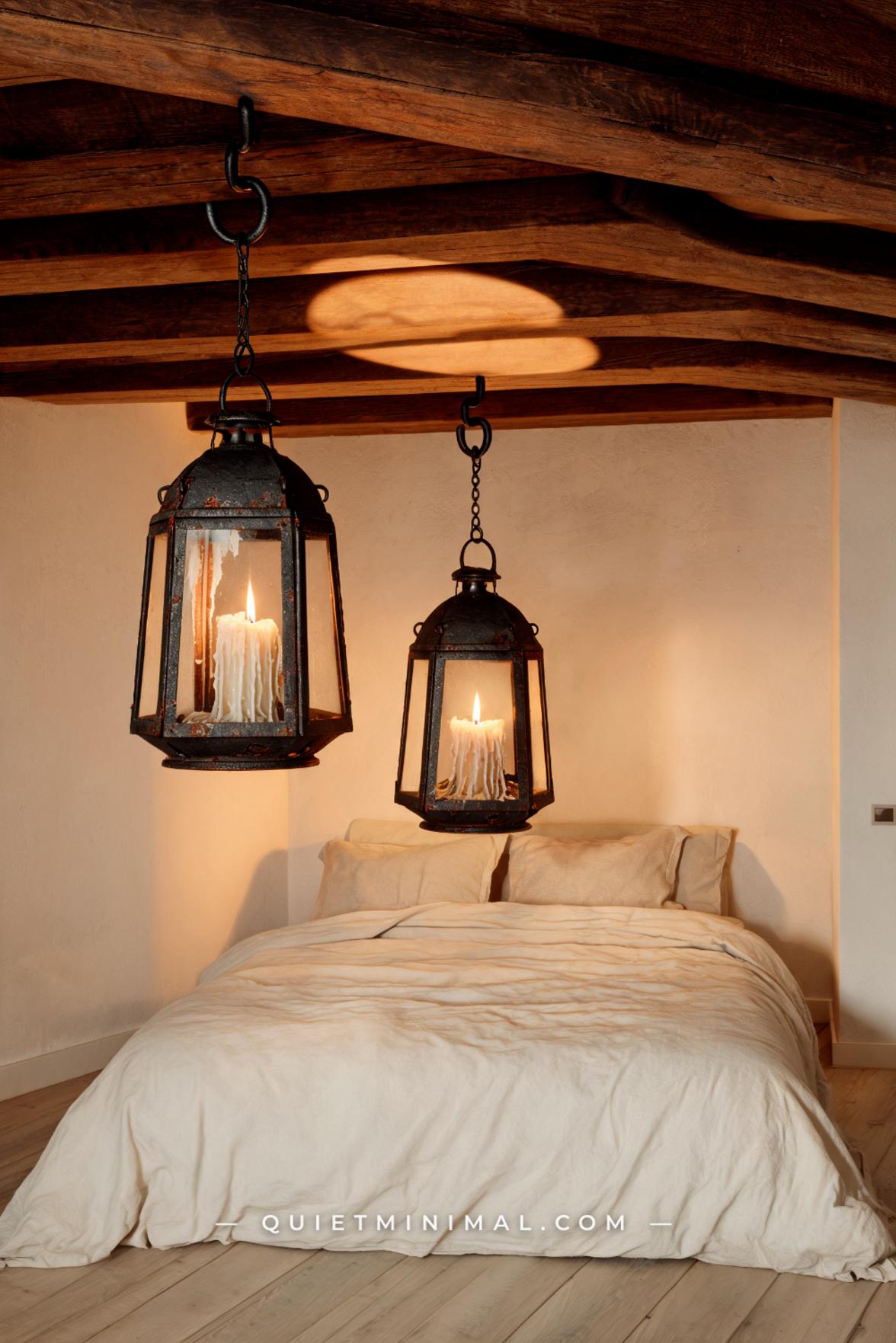 A wide-angle view of a bedroom with exposed wooden ceiling beams