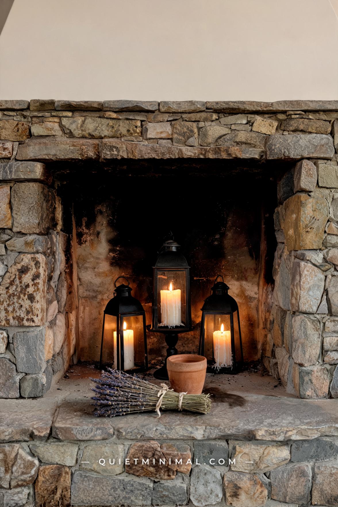 A wide-angle establishing shot of a stone fireplace surround with the firebox opening repurposed as a candle display