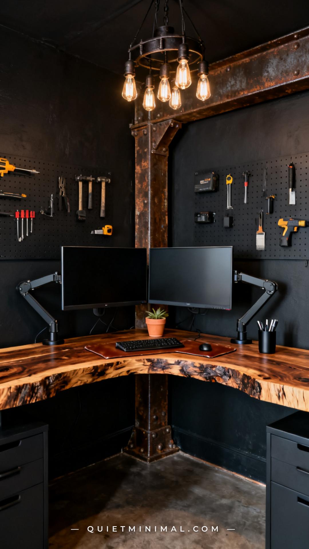 A wide establishing shot of a dark home office corner showing an L-shaped live-edge wood slab desk wrapping two walls in