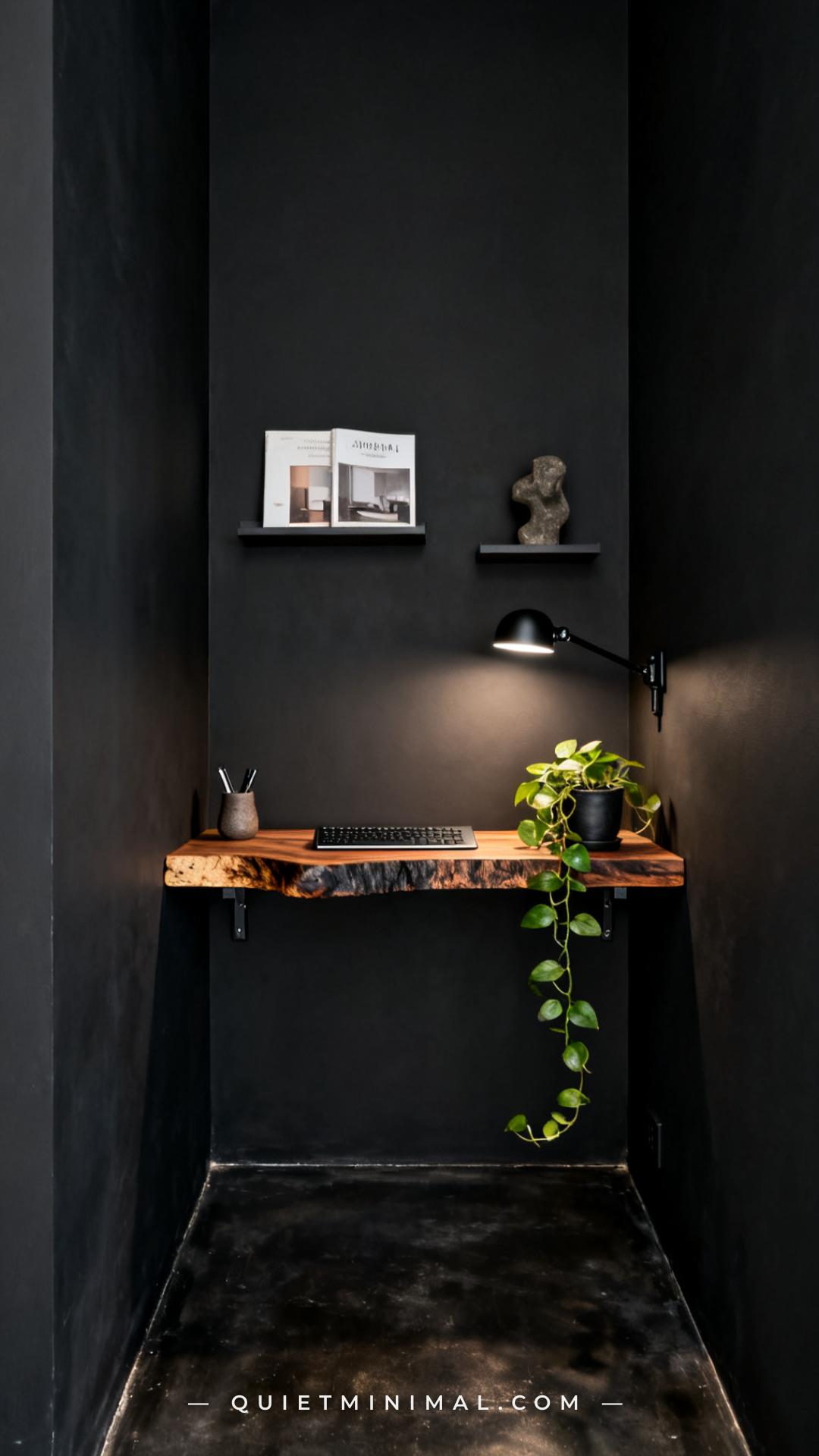 A wide vertical photograph of a narrow minimalist wabi sabi dark home office nook showing a live-edge black walnut float