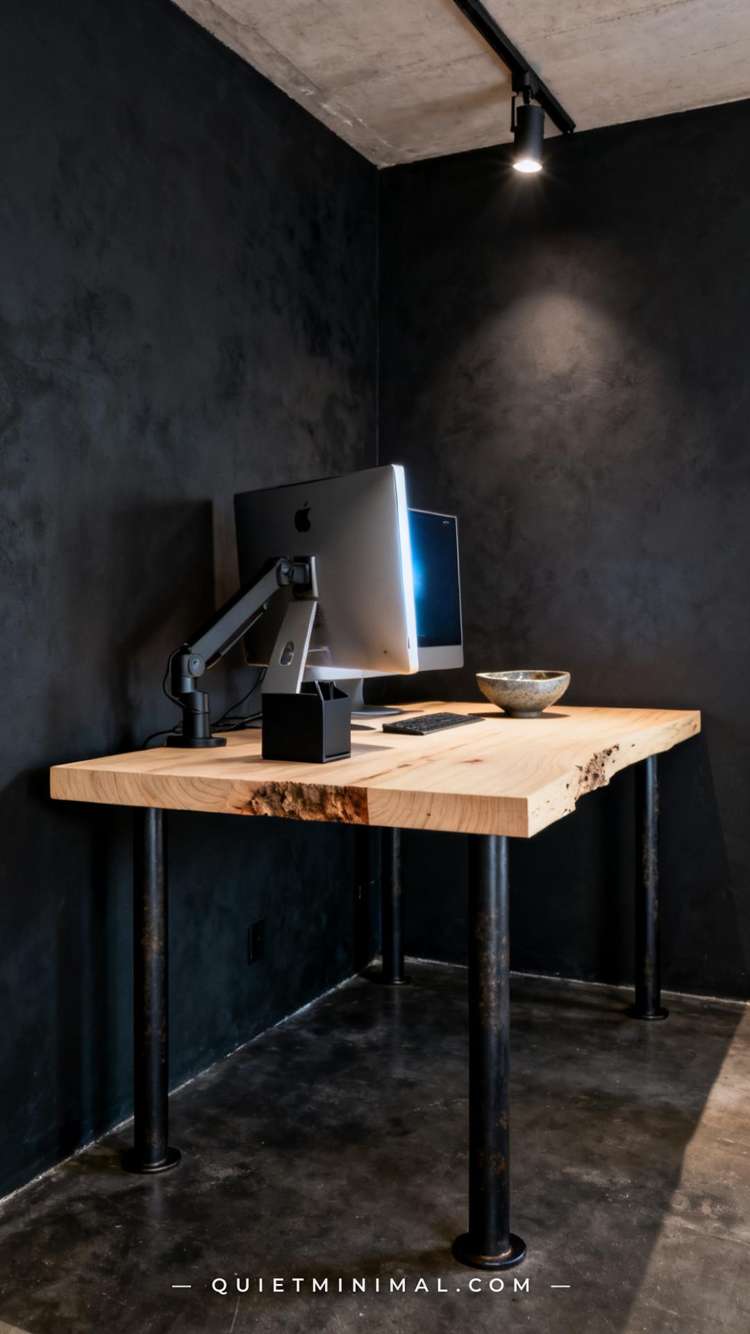 A vertical medium-wide photograph of a dark home office corner showing a thick hard maple slab desk with a subtly rough