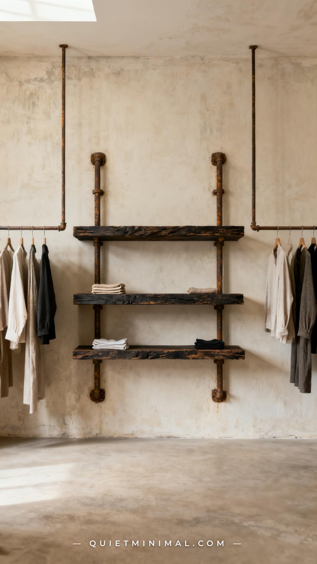 A vertical wide-angle photograph of a wabi-sabi minimalist walk-in closet showing three unfinished dark rough-sawn plank