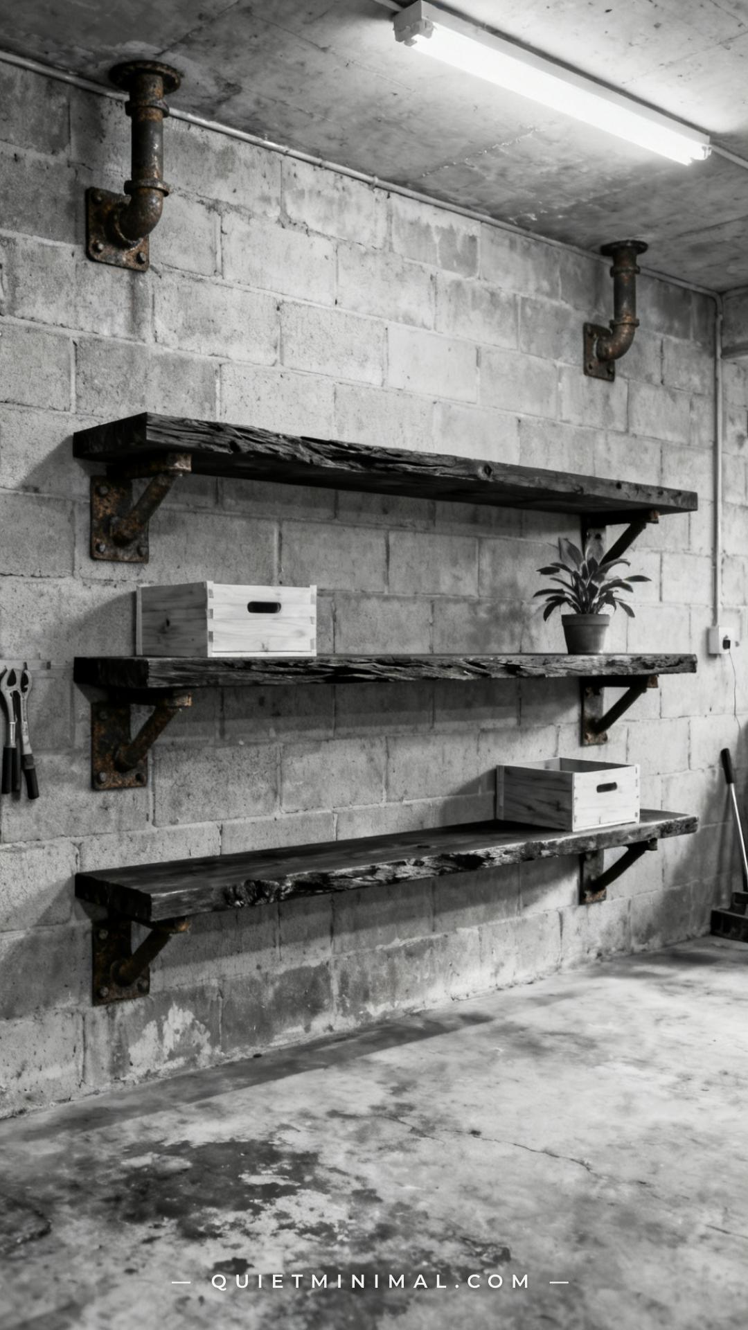 A vertical wide-angle photograph of a wabi-sabi minimalist garage workshop showing three unfinished dark rough-sawn plan