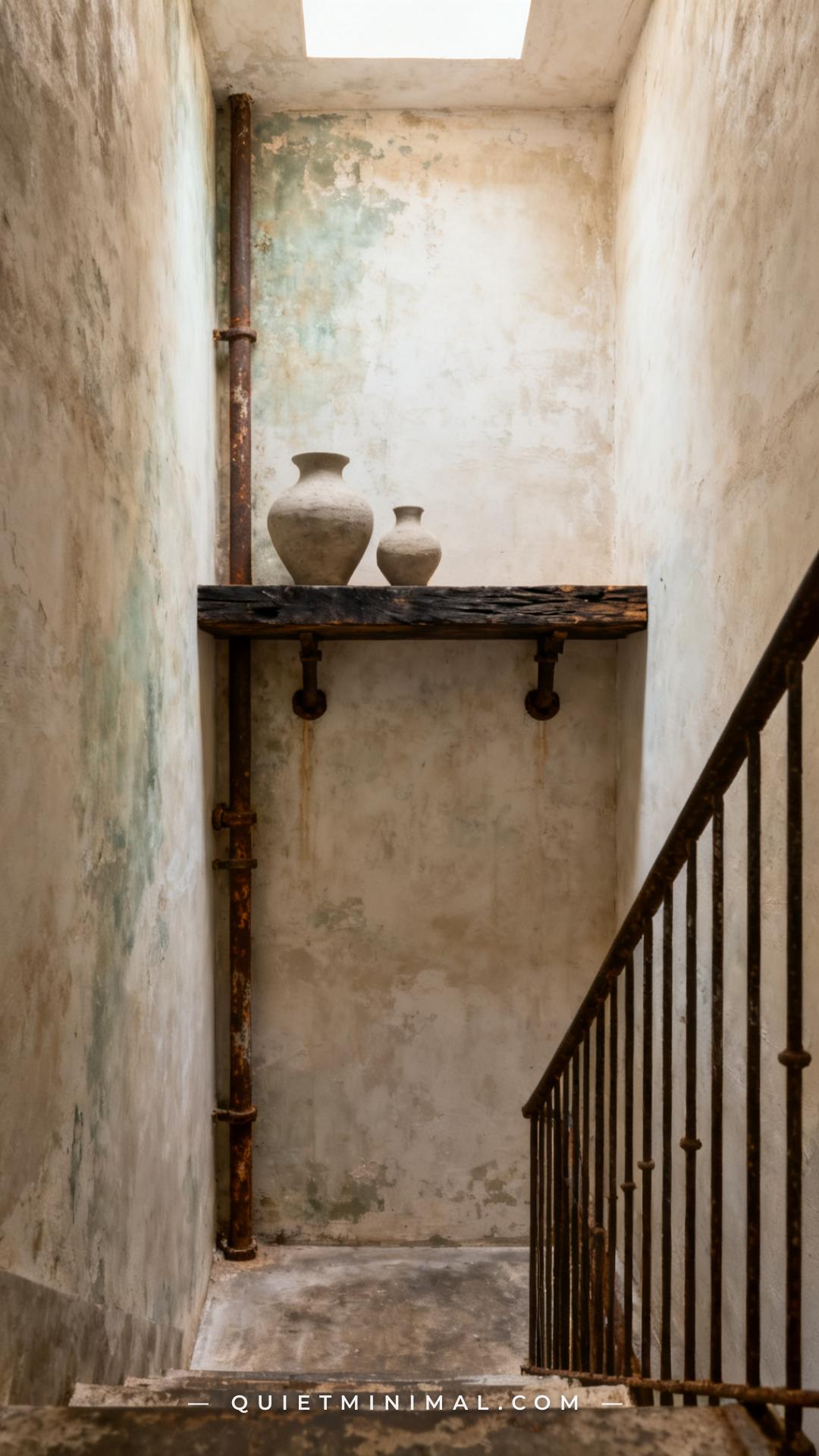A vertical wide-angle photograph of a wabi-sabi minimalist staircase landing showing a single unfinished dark rough-sawn