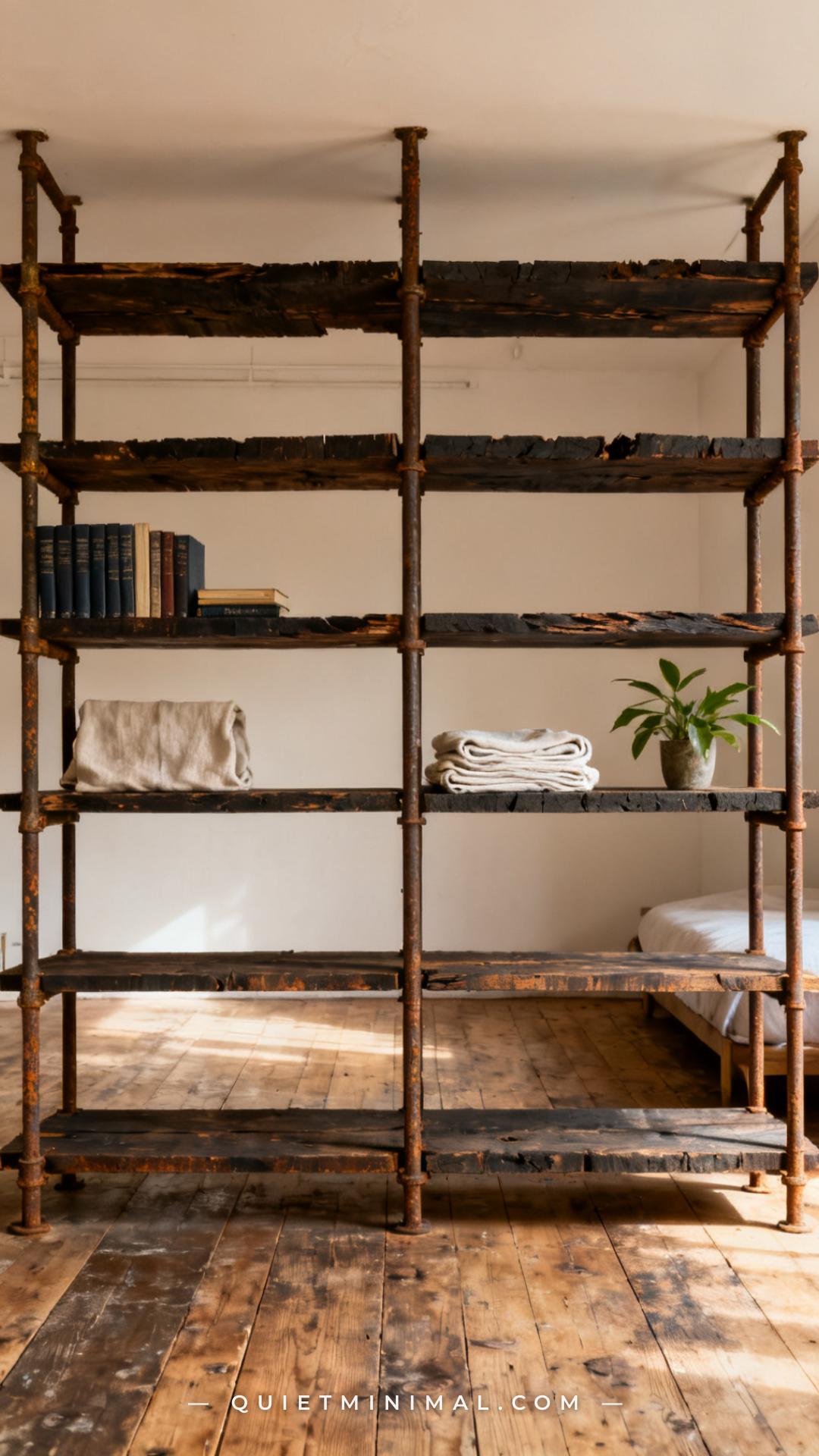 A vertical wide-angle photograph of a wabi-sabi minimalist open-plan studio showing a freestanding double-sided unfinish