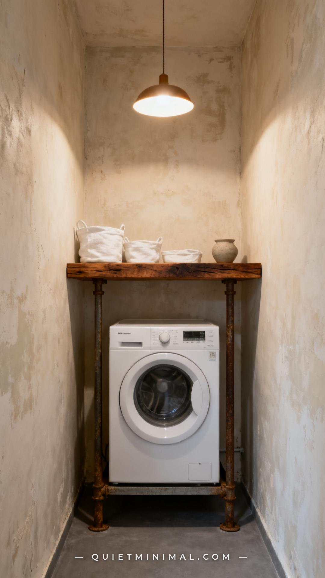 A vertical wide-shot photograph of a wabi-sabi minimalist bathroom showing a single unfinished dark rough-sawn plank she