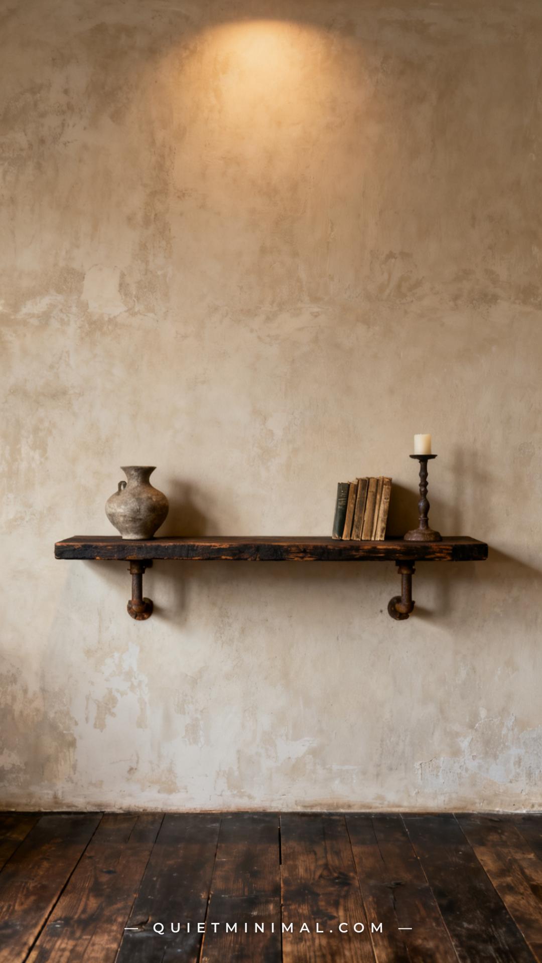 A medium-wide vertical photograph of a wabi-sabi minimalist living room accent wall showing a single long unfinished dar