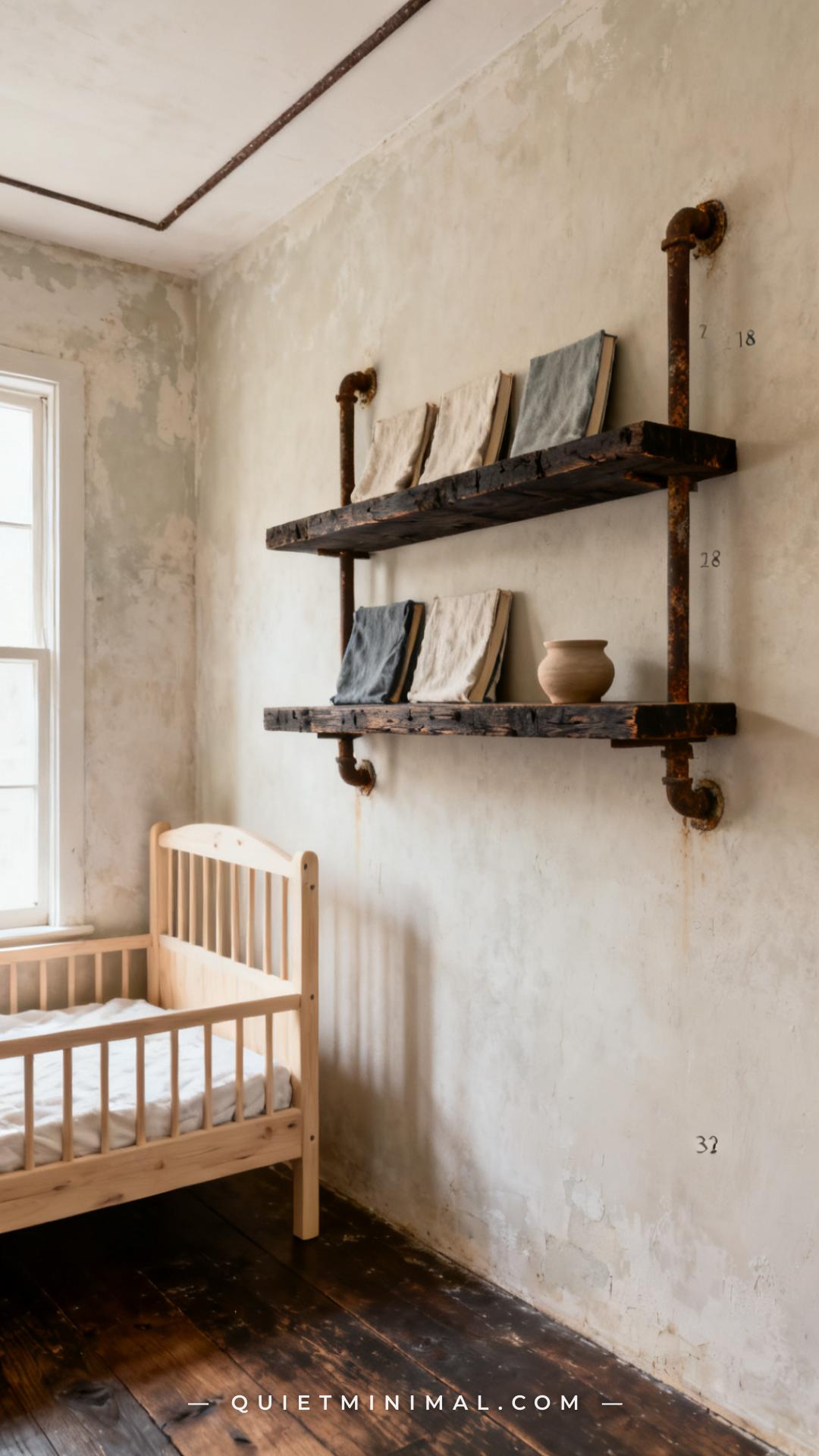 A vertical wide-angle photograph of a wabi-sabi minimalist bedroom showing a single unfinished dark rough-sawn plank she