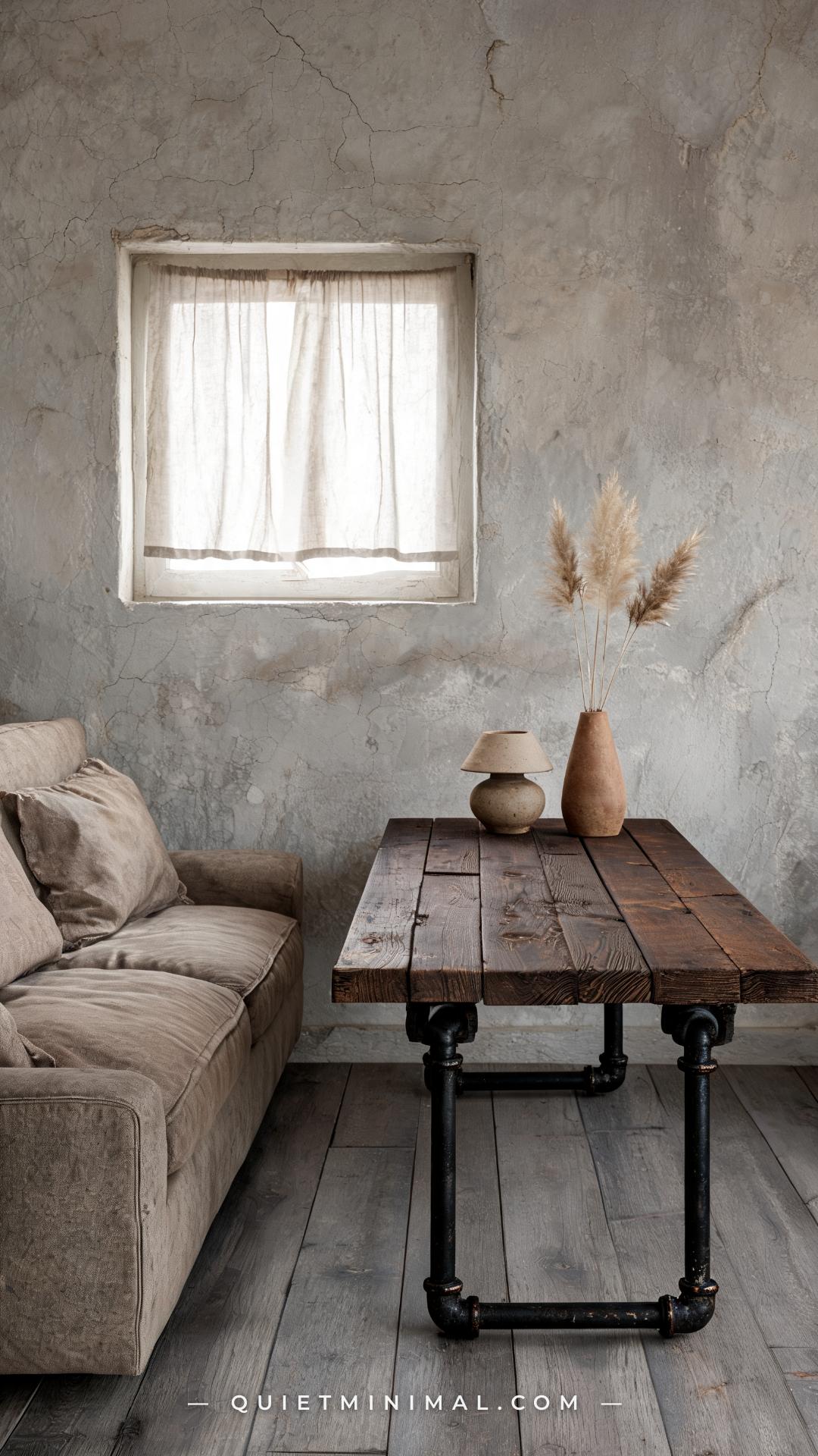 A wide establishing shot of a wabi-sabi Japanese cottage living room corner showing an unfinished reclaimed dark wood pl