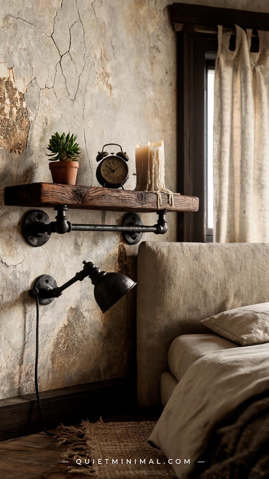 A vertical medium-wide photograph of a wabi-sabi Japanese cottage bedroom showing a wall-mounted pipe-shelf nightstand —