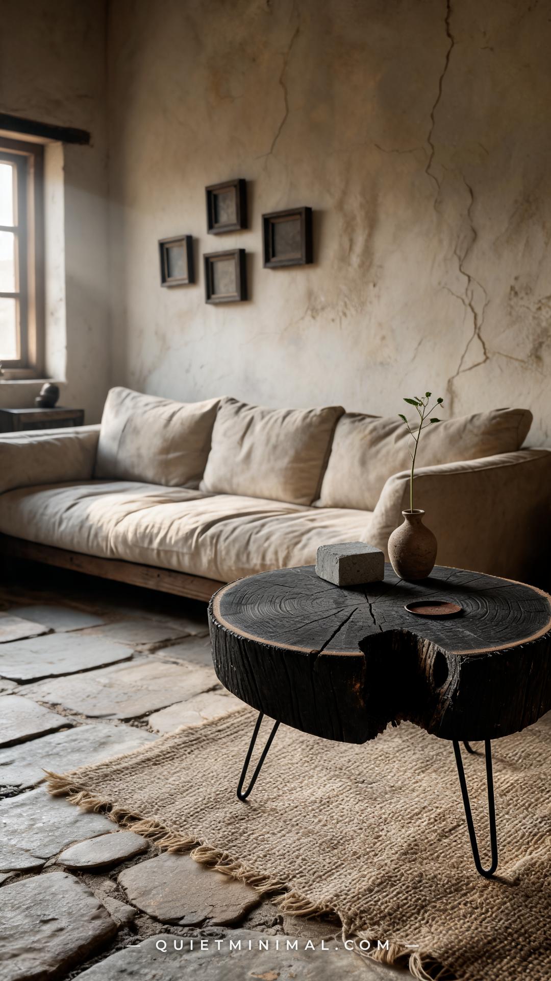 A wide establishing shot of a wabi-sabi Japanese cottage living room showing a raw-edge wood slice side table in ebonize