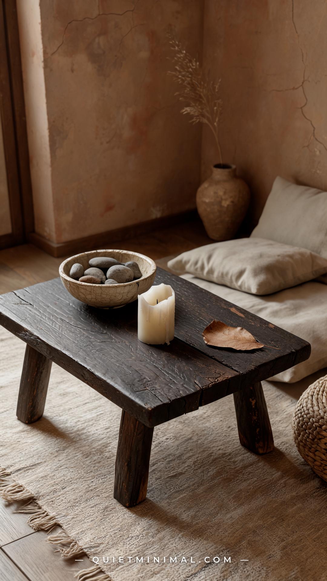A wide medium photograph of a wabi-sabi Japanese cottage living room showing a low unfinished dark wood side table with