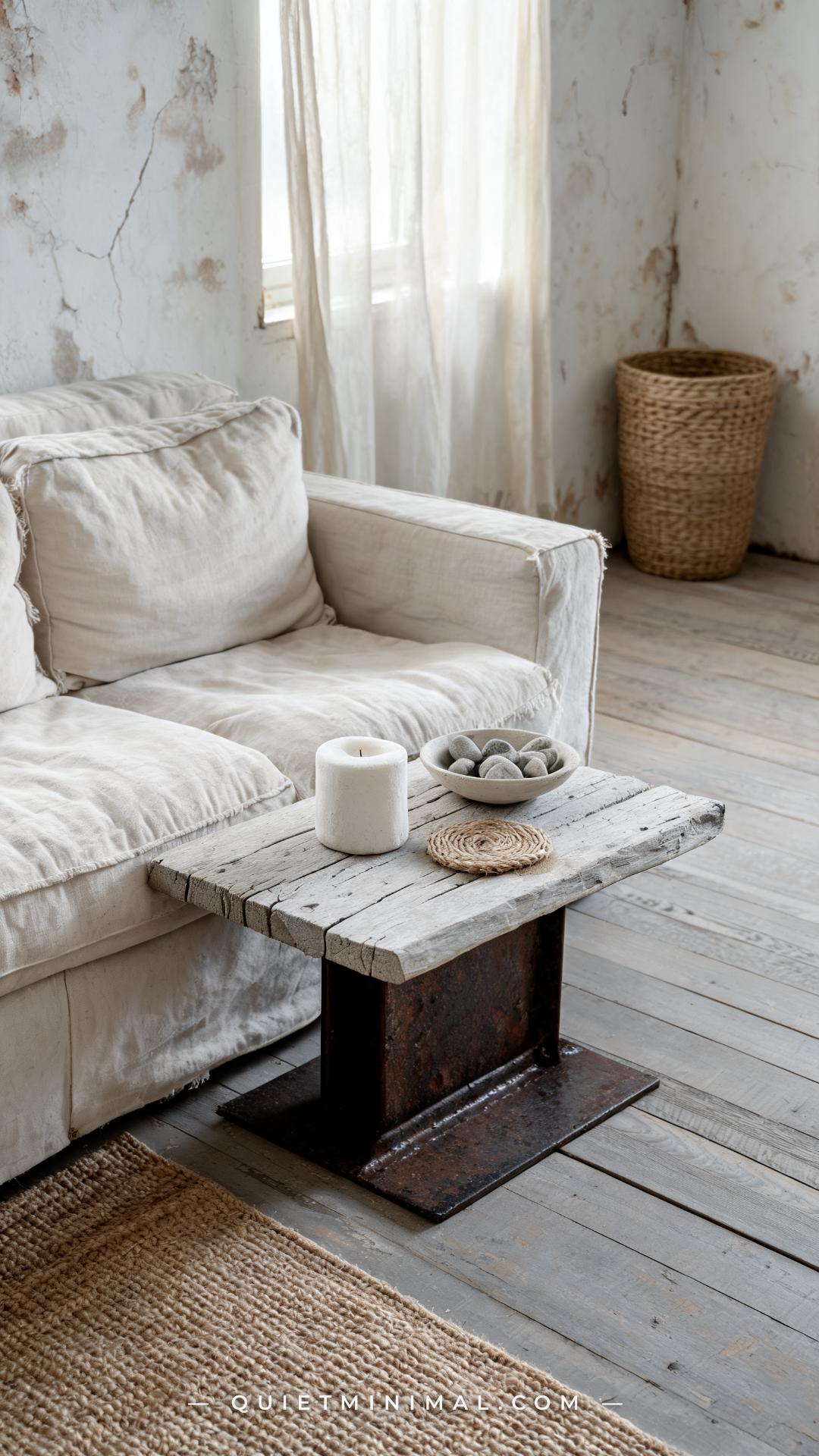 A vertical wide-angle photograph of a wabi-sabi Japanese cottage living room showing an iron-and-driftwood side table —