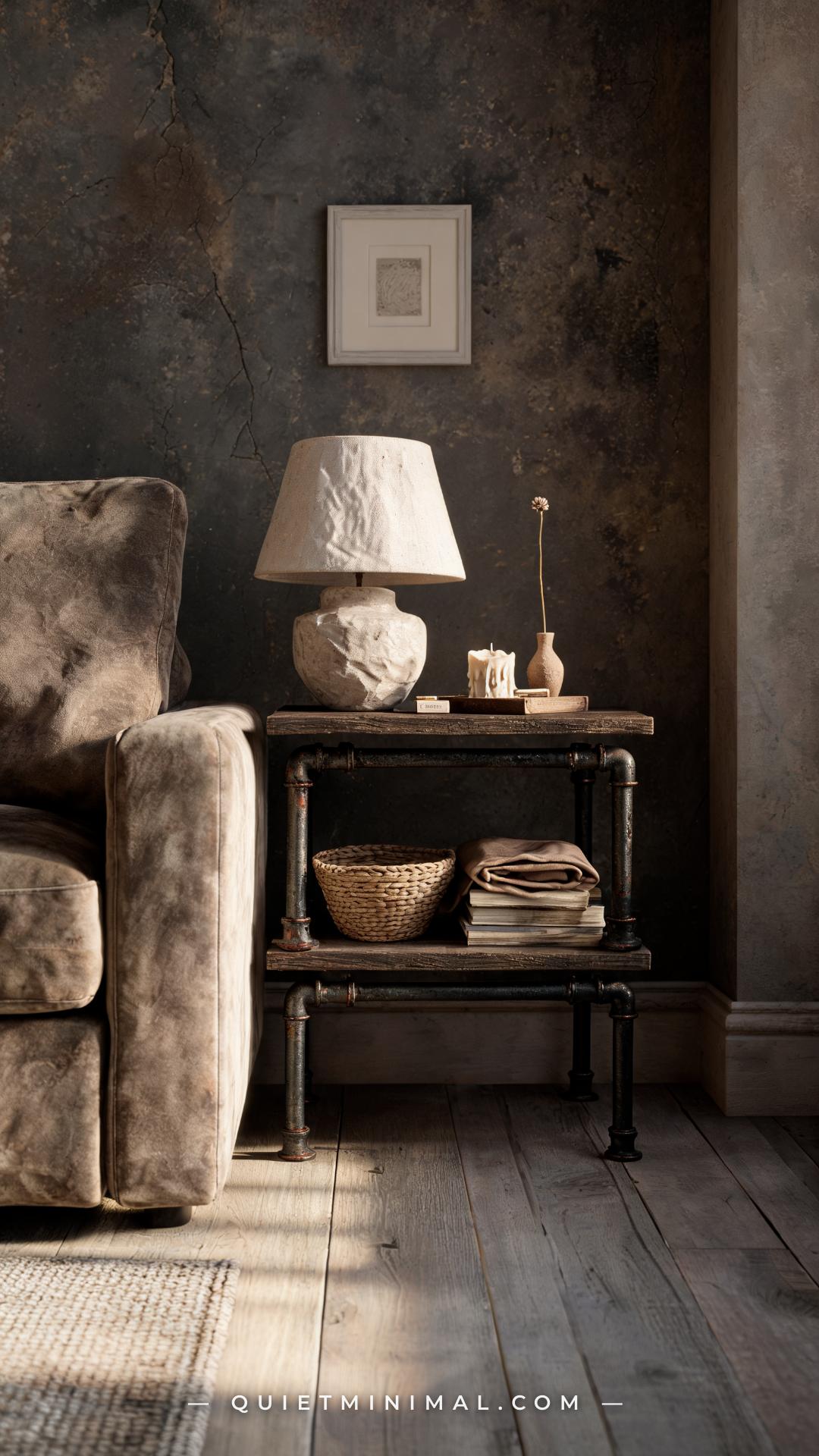 A wide vertical photograph of a wabi-sabi Japanese cottage living room showing a two-tier side table — unfinished dark d