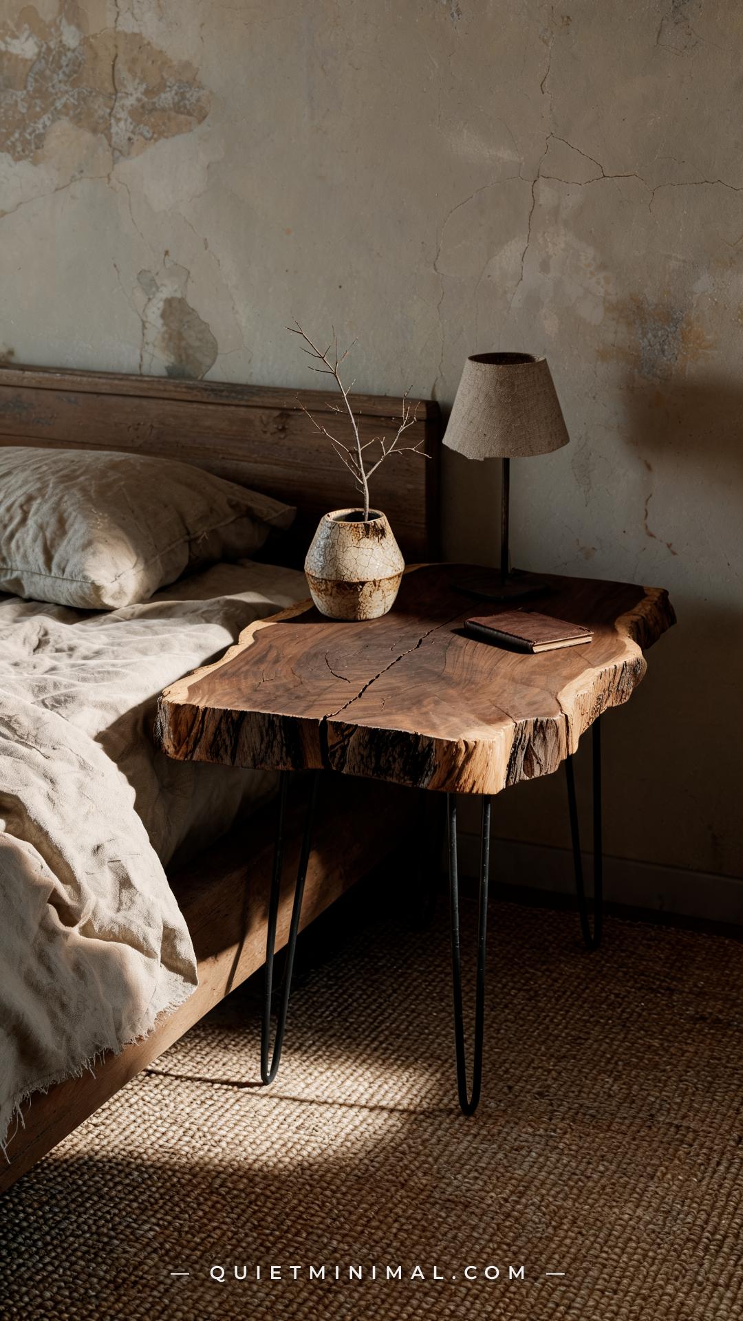 A medium-wide photograph of a wabi-sabi Japanese cottage bedroom showing an unfinished live-edge dark walnut slab side t
