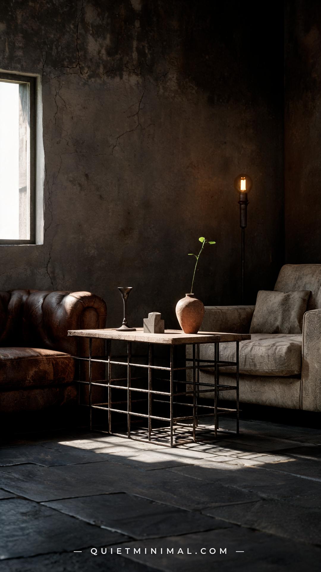 A wide-angle vertical photograph of a wabi-sabi Japanese cottage living room showing a welded dark iron cage-base side t