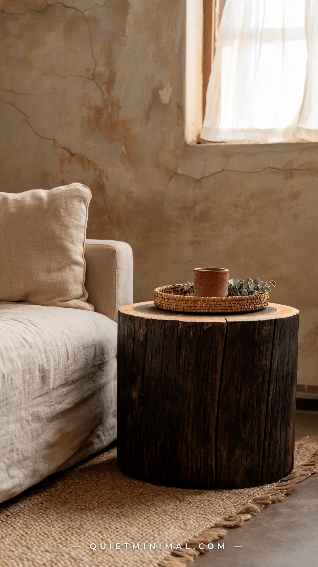 A vertical medium-wide photograph of a wabi-sabi Japanese cottage living room showing an unfinished reclaimed dark wood