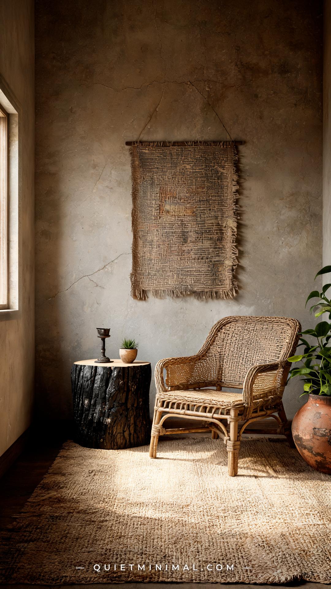 A wide establishing shot of a wabi-sabi Japanese cottage living room corner showing a natural tree stump side table