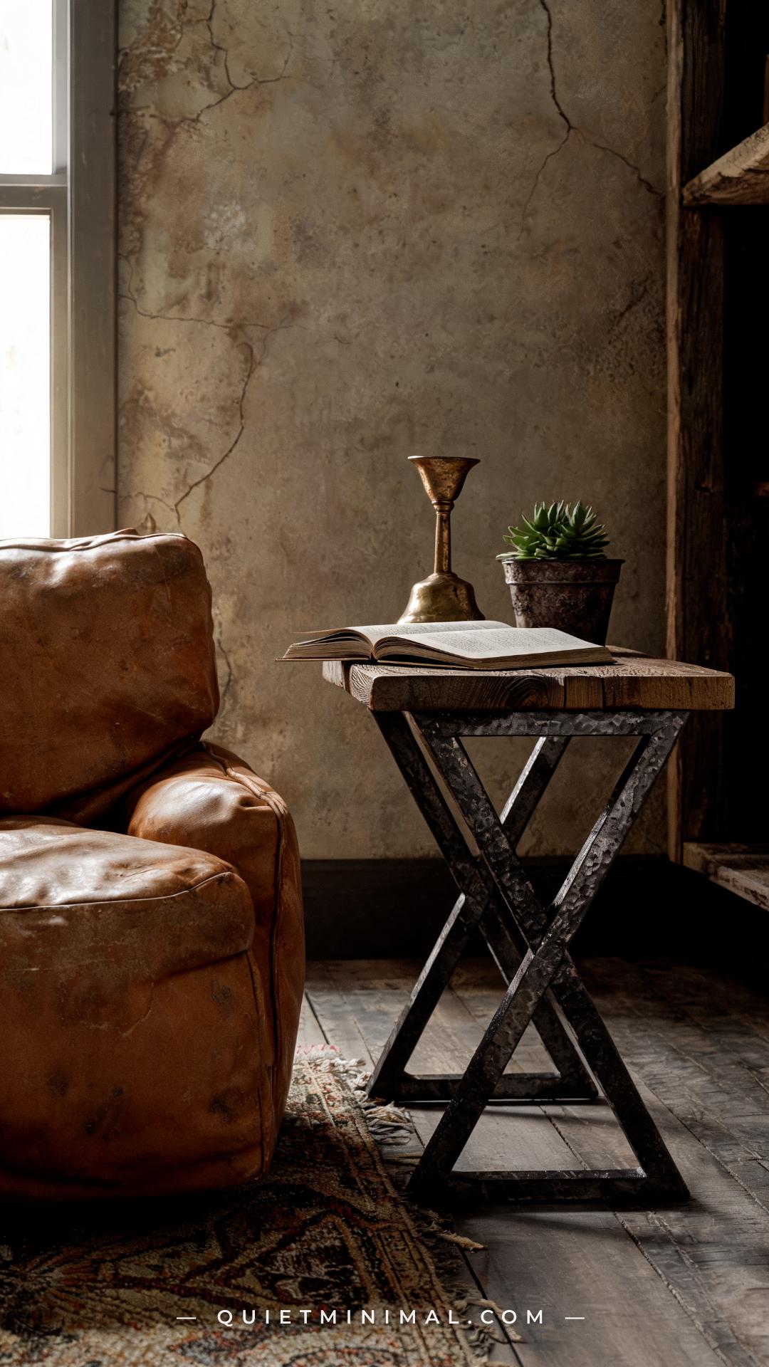 A medium-wide vertical photograph of a wabi-sabi Japanese cottage reading nook showing an X-frame iron base side table w