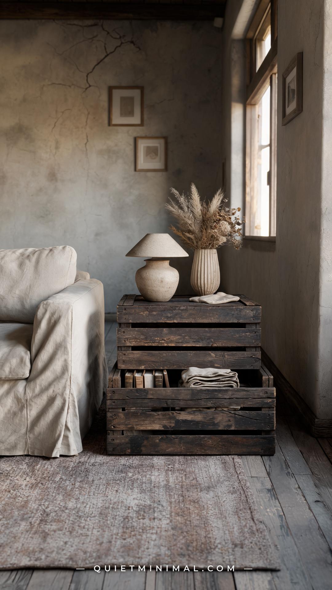 A wide photograph of a wabi-sabi Japanese cottage living room showing two stacked unfinished reclaimed pine crates used